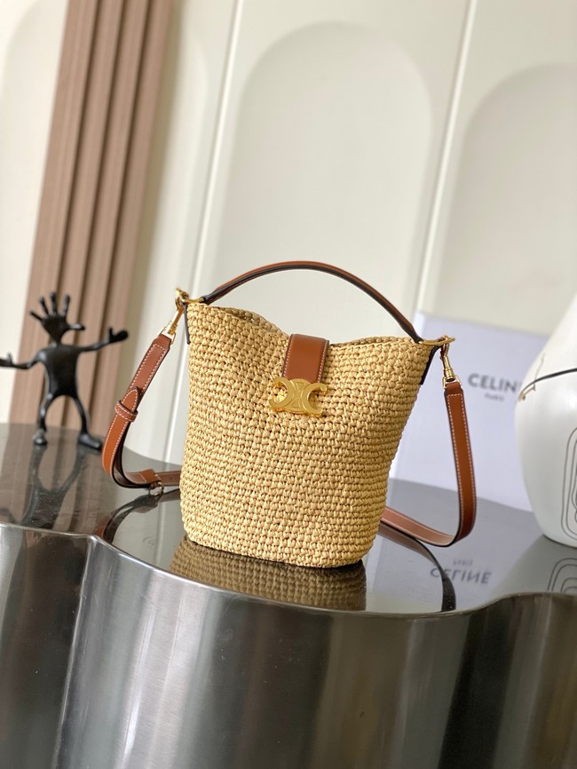 Celine SMALL LOUISE BUCKET IN RAFFIA AND CALFSKIN A119173 NATURAL & TAN