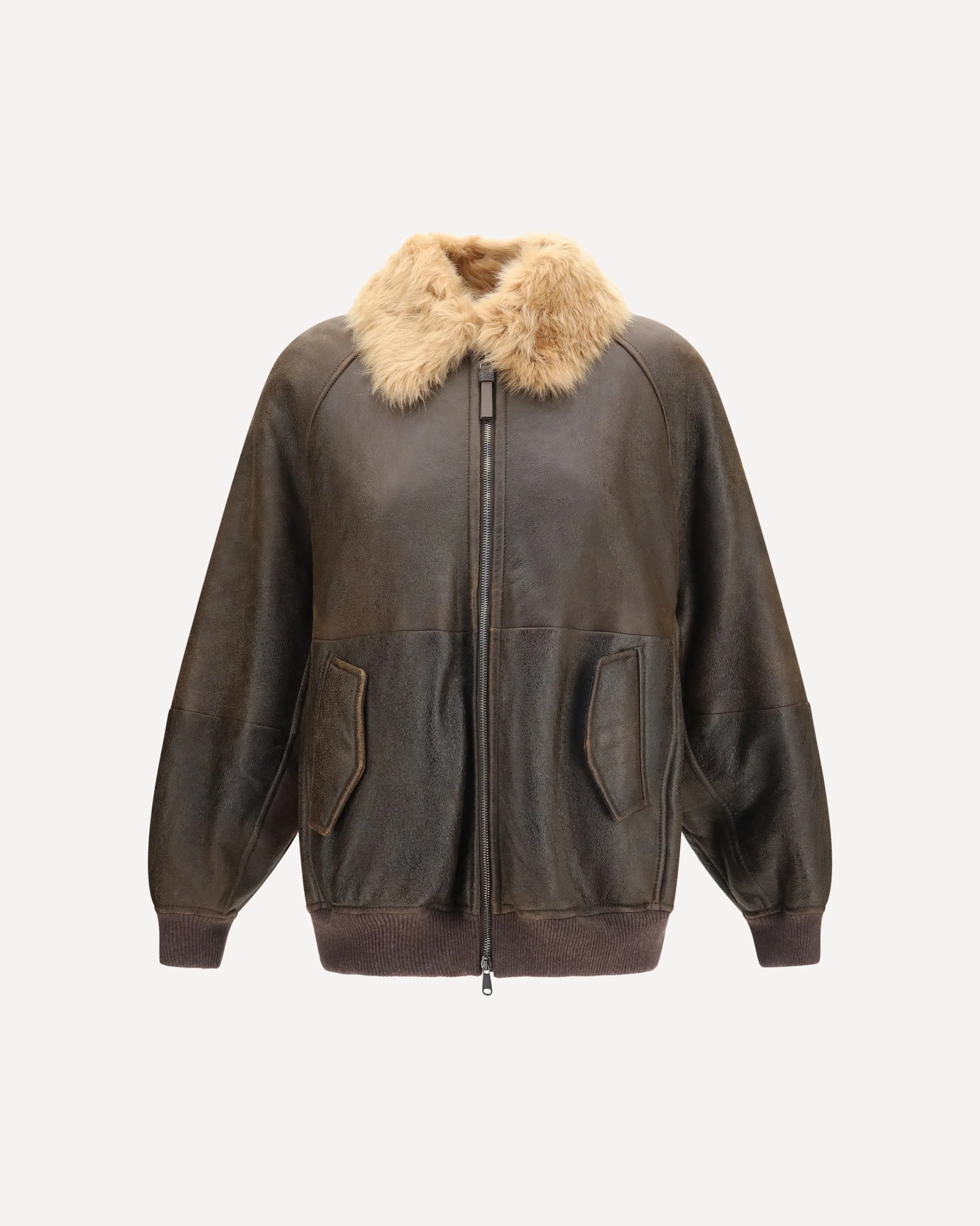 Vintage-effect shearling Bomber with shiny zipper pull - BROWN | Cheap Luxury Handbags Store,