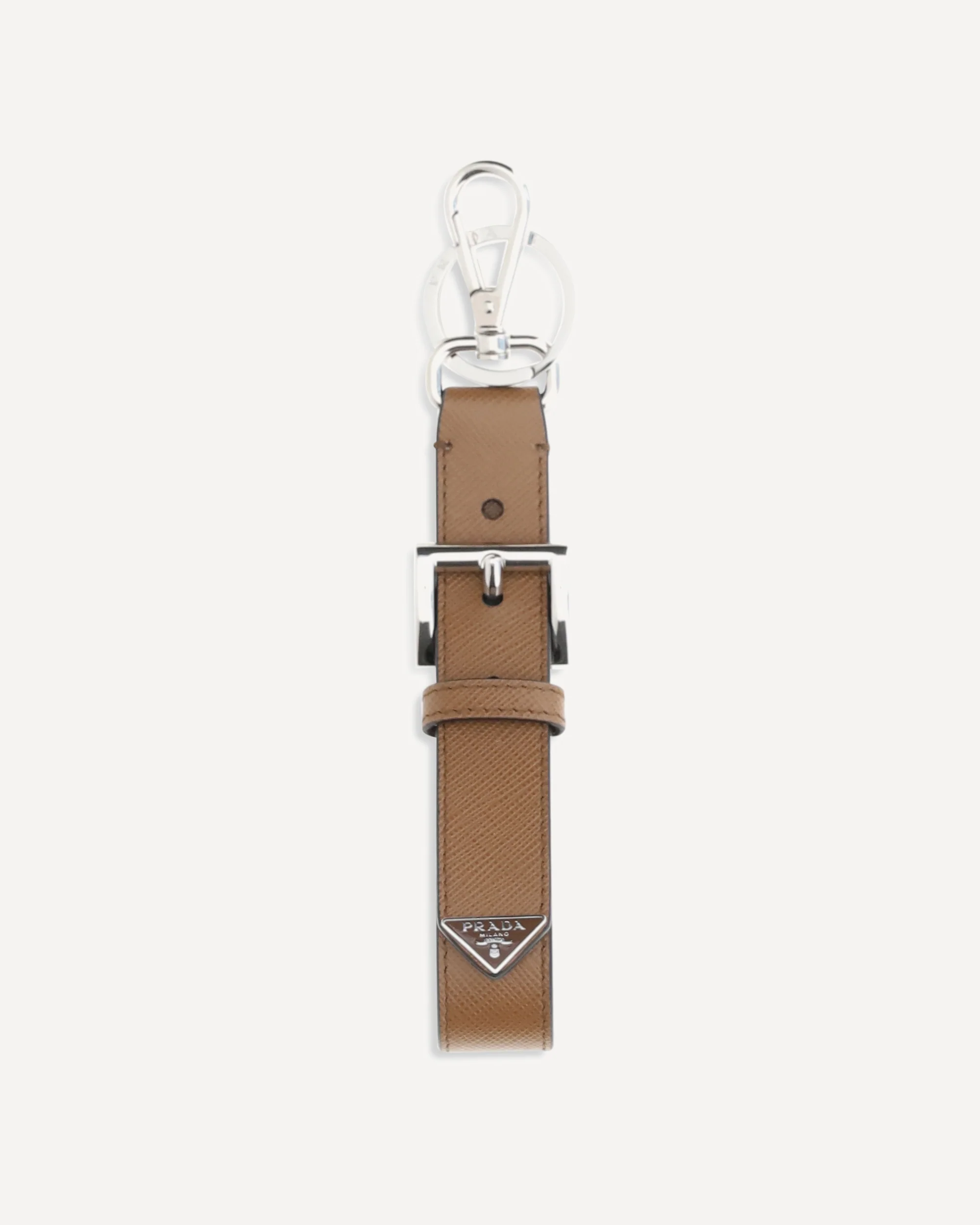Keyring in saffiano leather with triangle logo - BROWN | Cheap Luxury Handbags Store,
