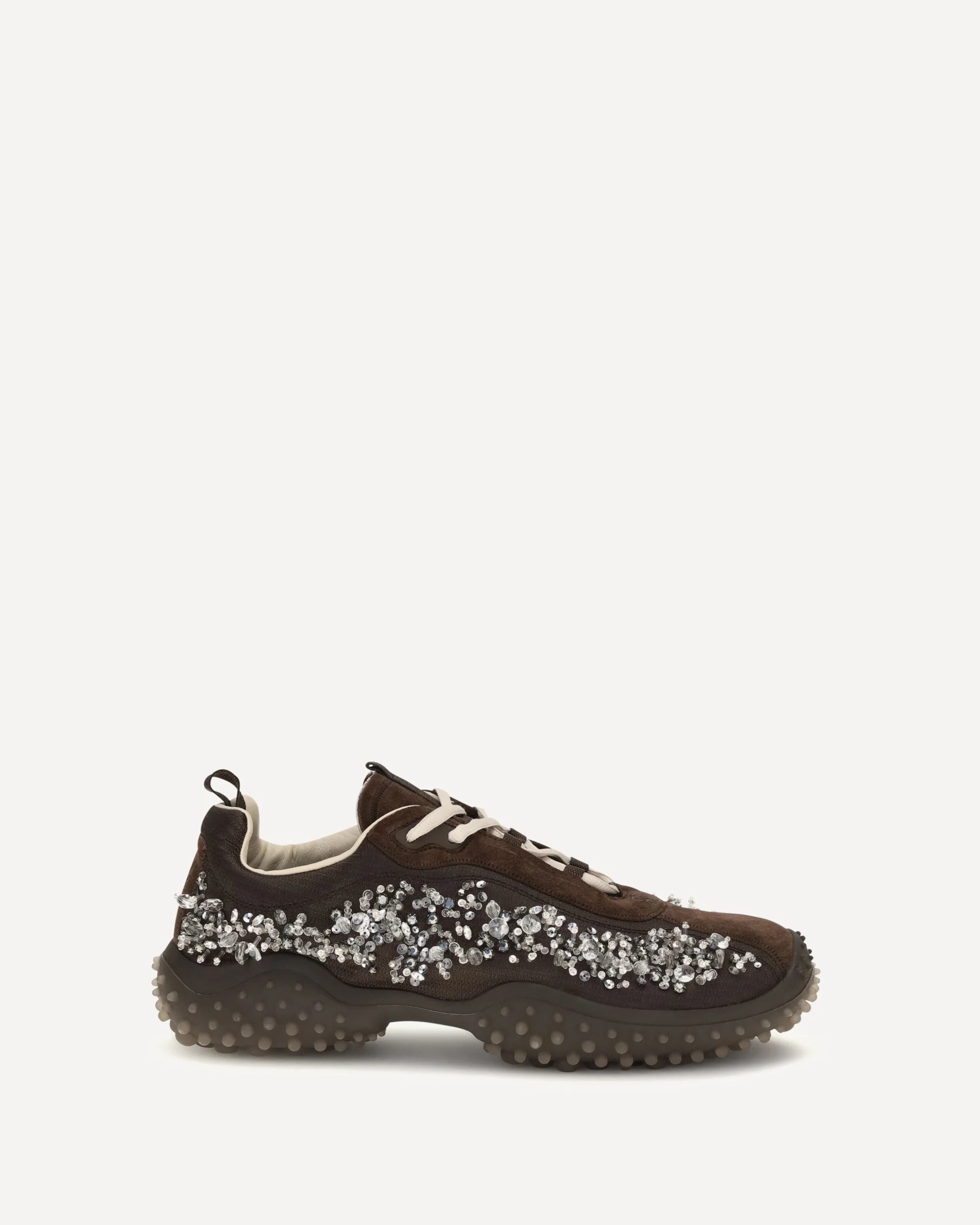 Suede and technical fabric Sneakers with crystals - BROWN | Cheap Luxury Handbags Store,