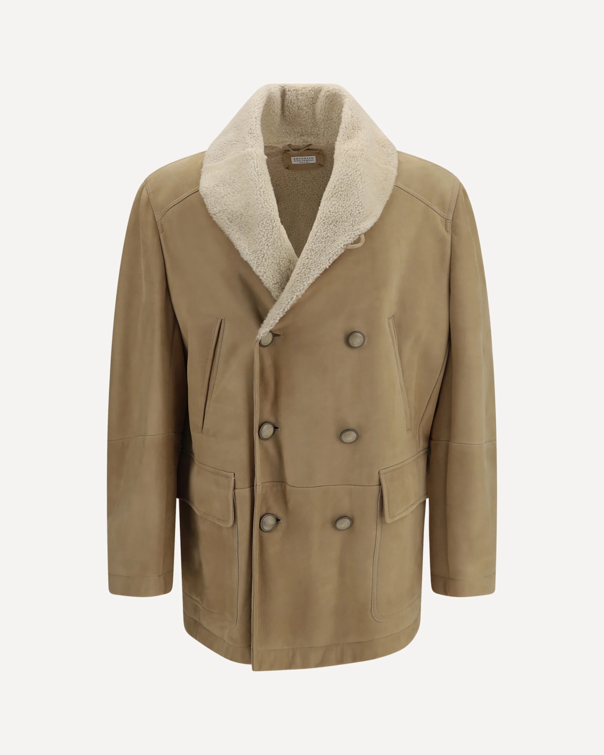 Curly suede Shearling pea Coat with shawl collar - BEIGE | Cheap Luxury Handbags Store,